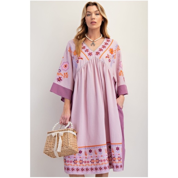 Easel Lilac Floral Embroidered V neck Loose Fit Cotton Dress - Picture 2 of 5
